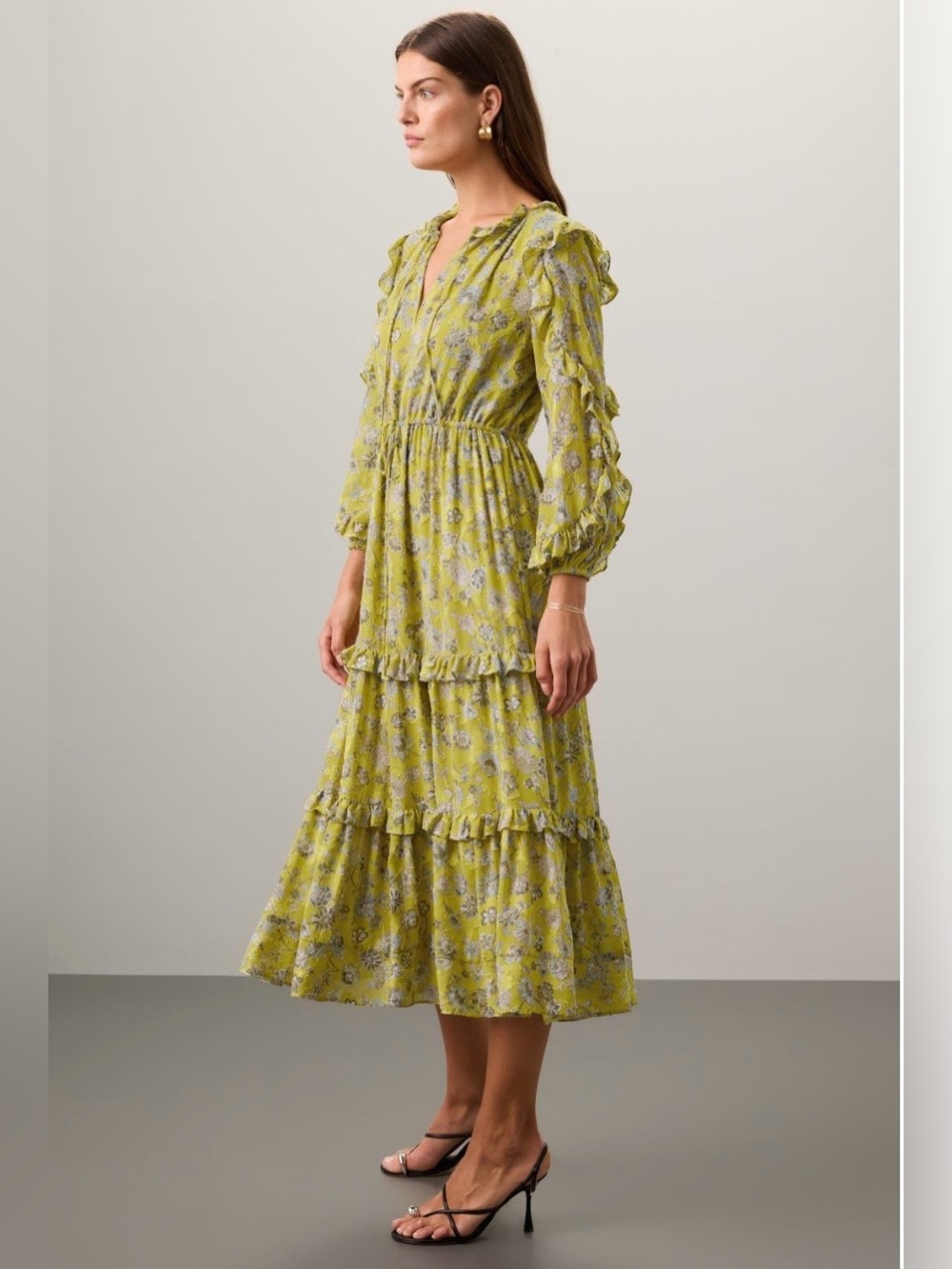 Alexis~Auja~Yellow Floral Ruffle-Tier Midi Dress~Size Medium~$649~